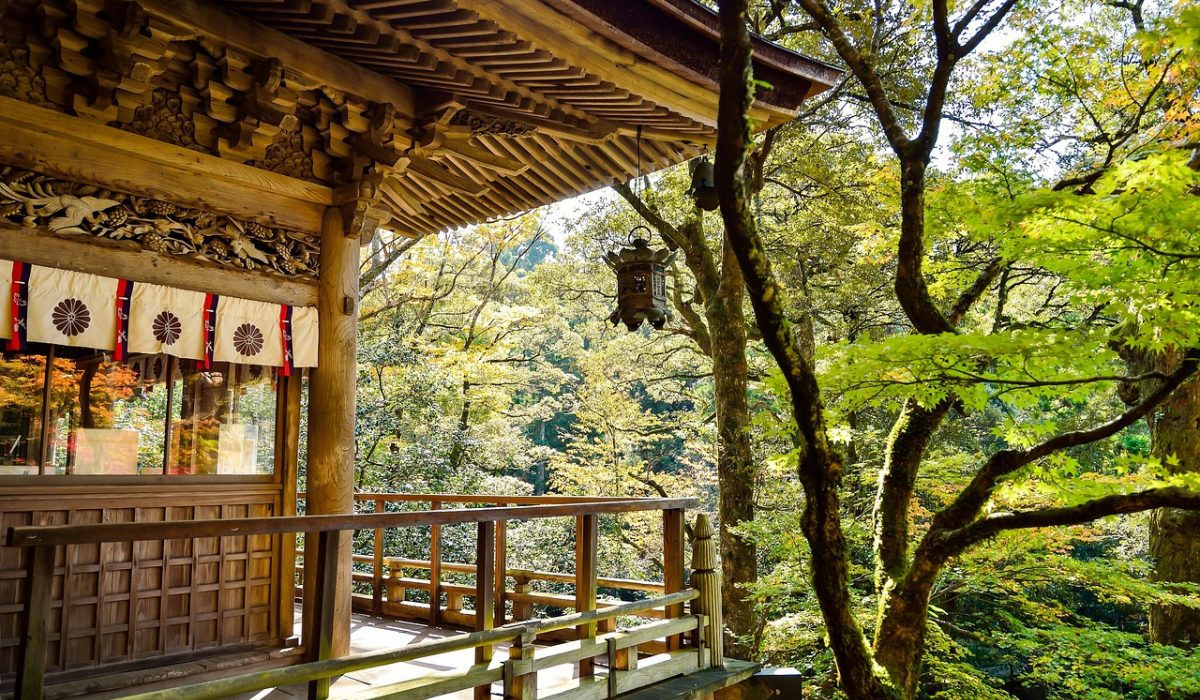 复古质感的游戏原画展示，画面中是雨后的神社石阶与湿润的青苔，暖褐色调与柔和光晕构成怀旧氛围